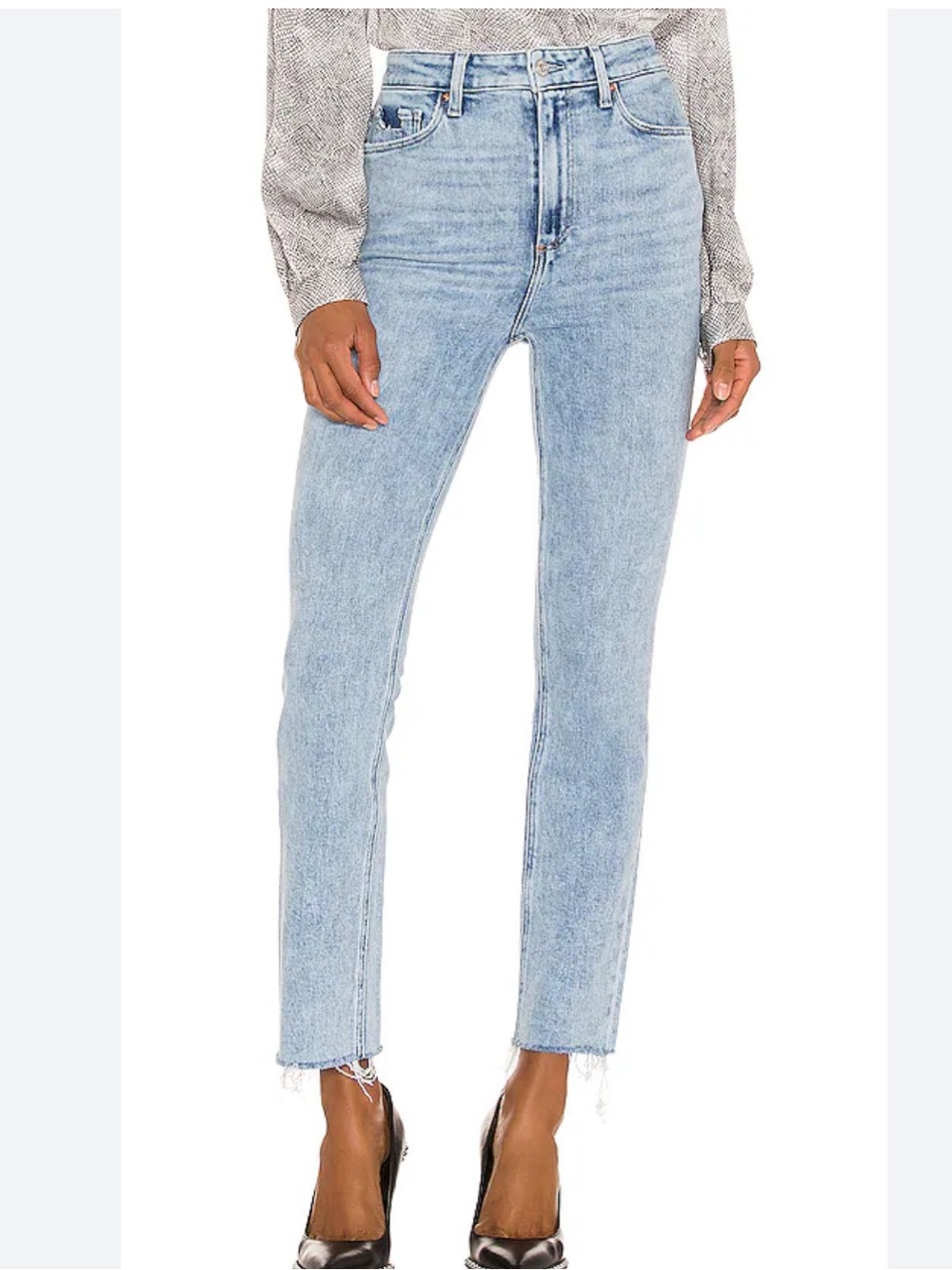 PAIGE Cindy Ultra High Rise  Light Blue Straight Leg Jeans with Frayed Hem